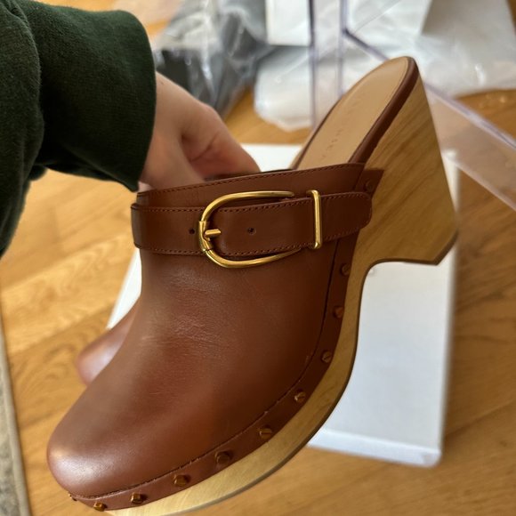 NWT Veronica Beard Hedrix Clog Woodgrain Platform Leather Buckle Sz 9 Hazelwood - Picture 10 of 14